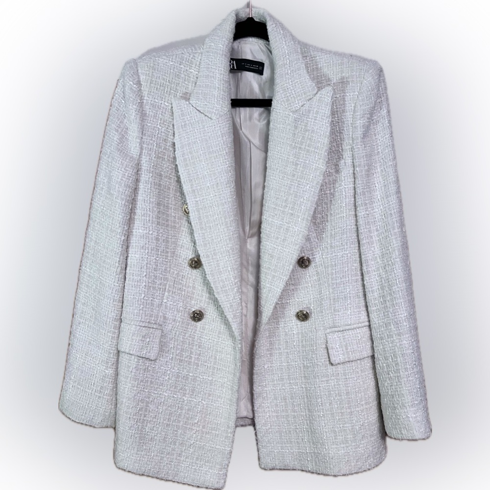 Zara cream colored woven double breasted lined blazer